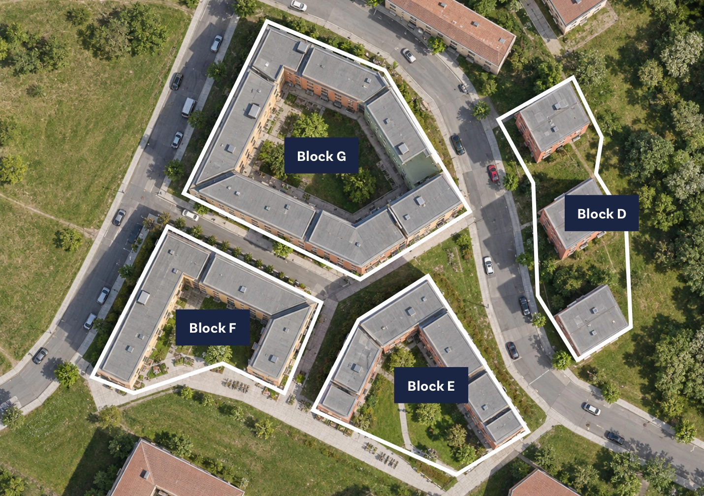 Blocks D–G · illustrative arrangement