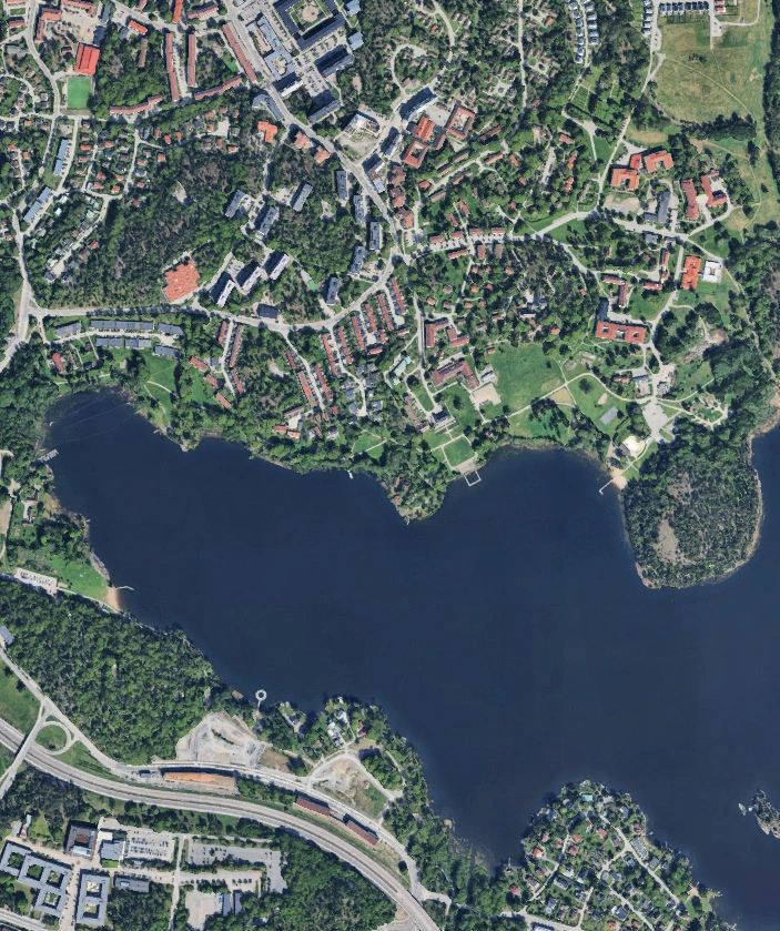 Aerial map showing Alfa, Sköndalshöjden and Klockelund Strand